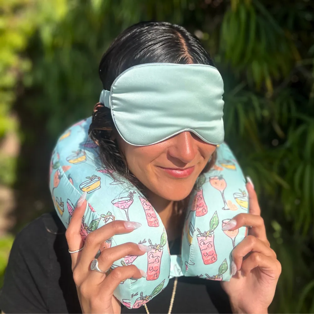 Tropical Cocktails Satin Memory Foam Neck Pillow and Seafoam Satin Eye Mask Set