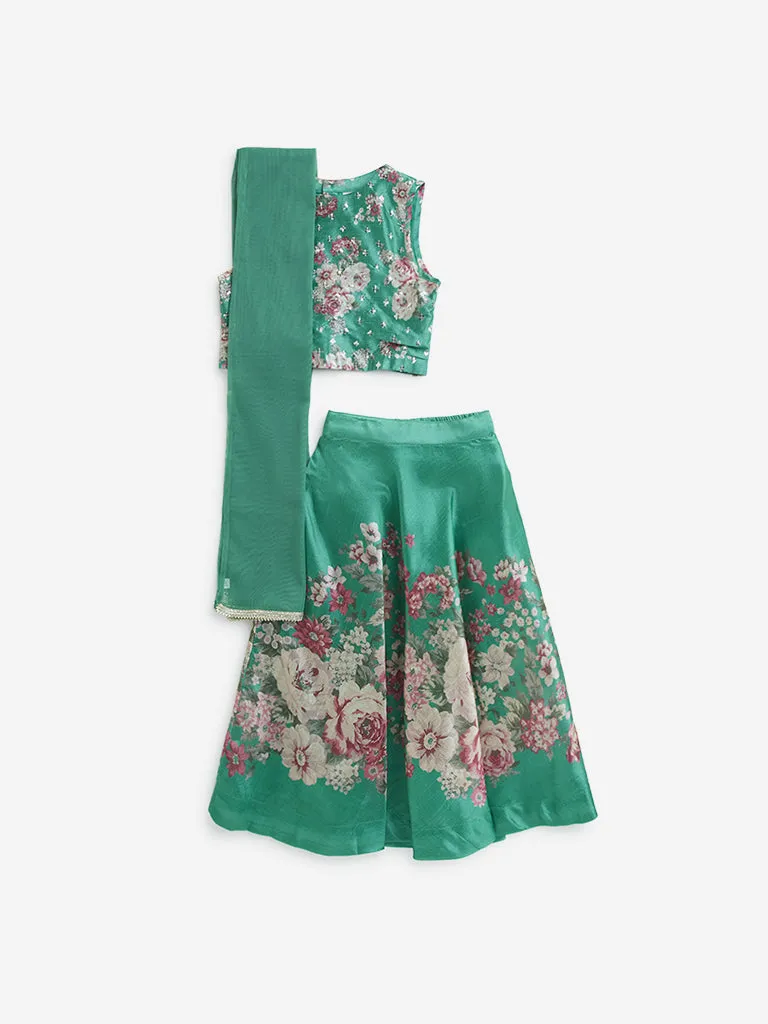 Utsa Kids Jade Green Floral Printed Ghagra, Choli with Dupatta Set - (2 -8yrs)