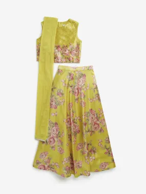 Utsa Kids Yellow Floral Printed Ghagra, Choli with Dupatta Set - (8 -14yrs)