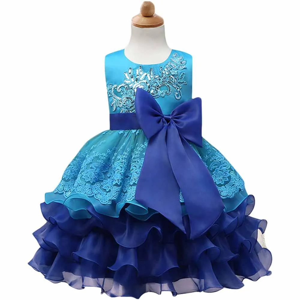 Wholesale Europe and America Spring and Summer Sequin embroidery Dress Bowknot Multi-layer Puff Flower Girl Dress