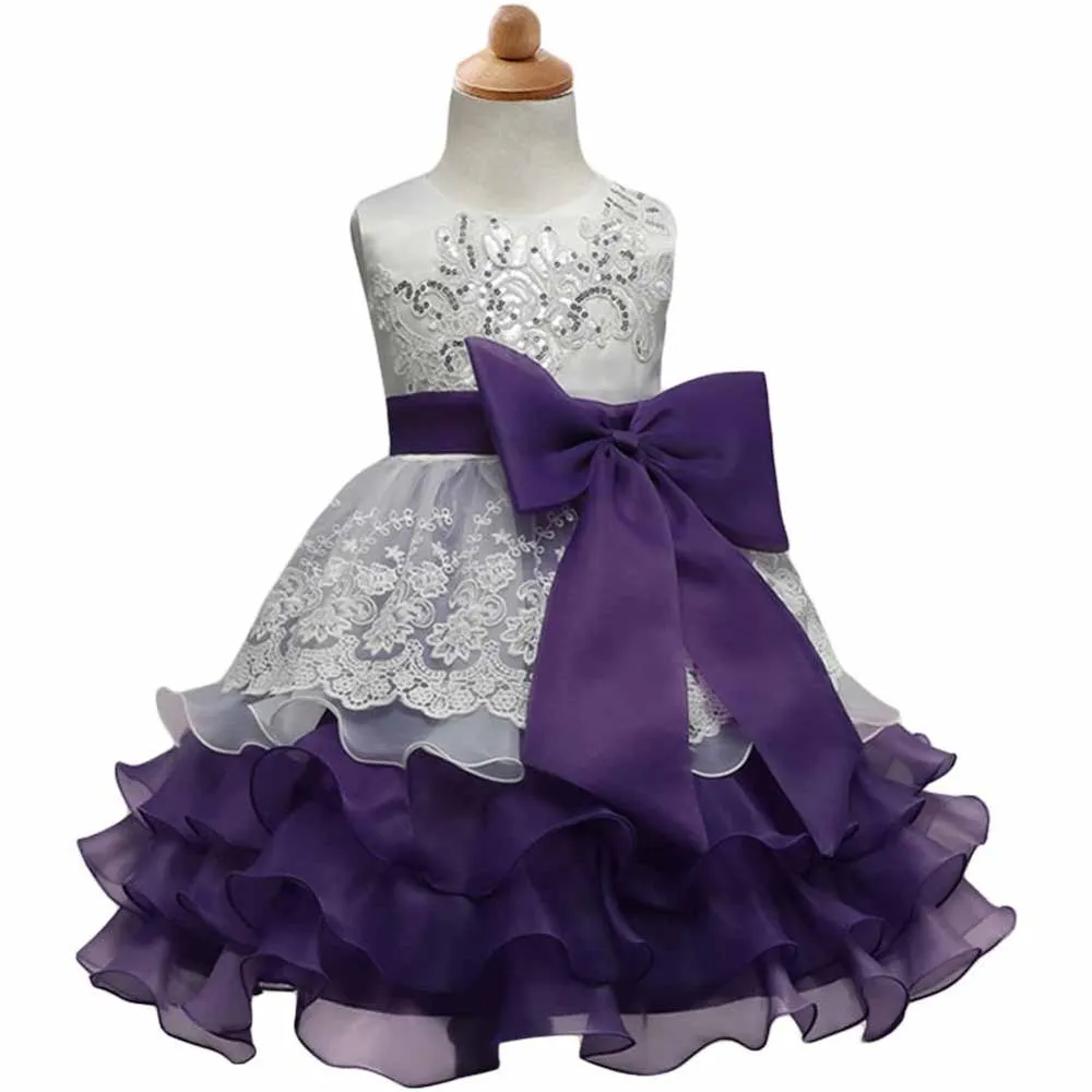 Wholesale Europe and America Spring and Summer Sequin embroidery Dress Bowknot Multi-layer Puff Flower Girl Dress