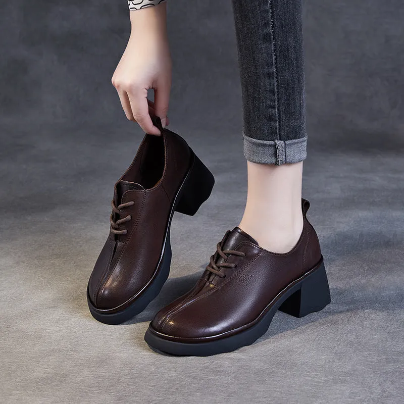 Women Retro Leather Chunky Heel Casual Shoes