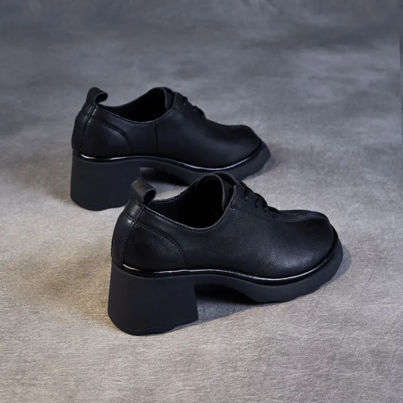 Women Retro Leather Chunky Heel Casual Shoes