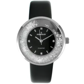 Women's 38mm Silver  Floating CZ Diamond Black Dial Watch